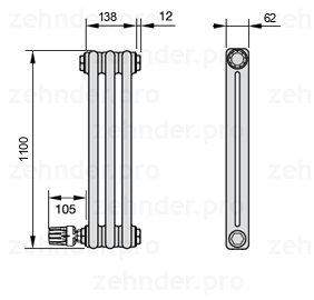 Схема (чертеж) Радиатор Zehnder Charleston 2110/3 №V004 Белый глянцевый RAL 9016